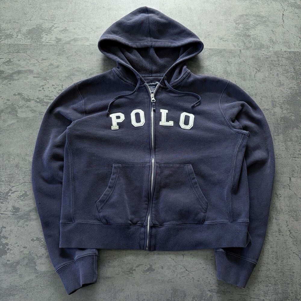 Women’s Y2K Ralph Lauren Sport Navy Blue Zip Up Logo Stitch Hoodie - Size L